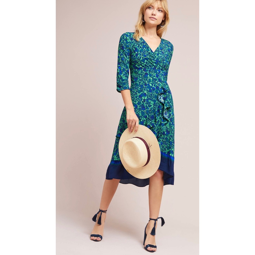 Maeve Anthropologie Green‎ Floral Faux Wrap Midi Dress 0P Womens Ruffle V-Neck